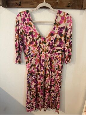 CAbi Pink, Green and Brown Floral V-Neck Midi Dress